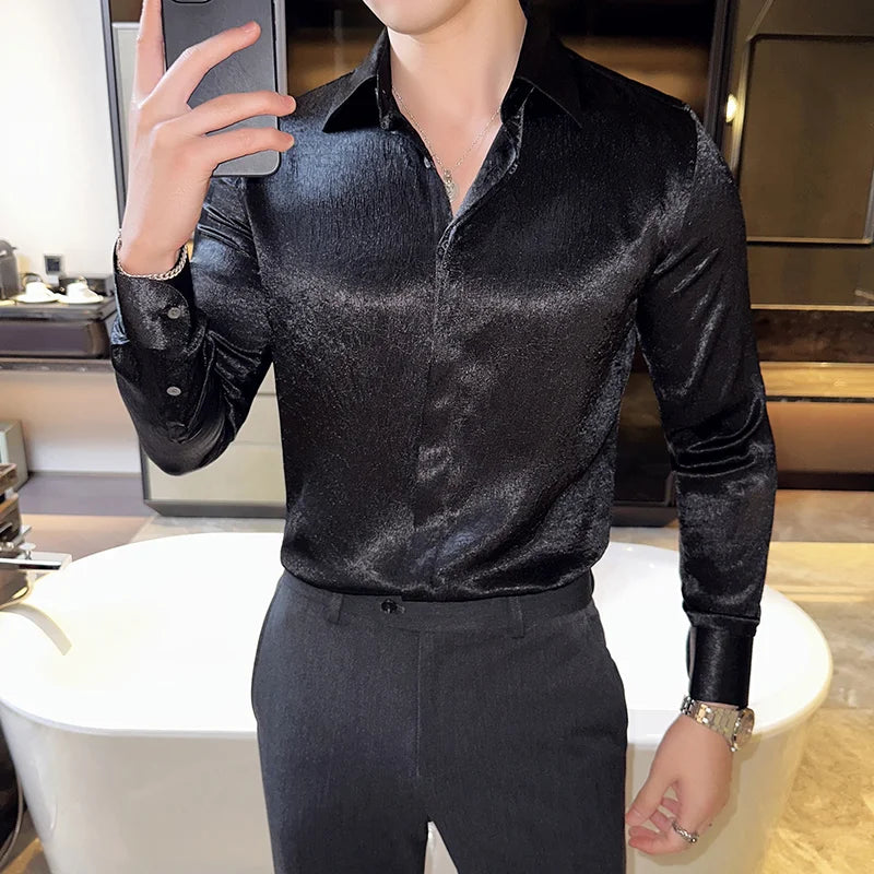 UNIKCOSA Men’s Glossy Luxury Shirt – Slim Fit Anti-Wrinkle Long Sleeve Tuxedo Style