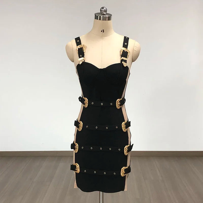 UNIKCOSA’s Golden Button Hollow-Out Bandage Dress — Sleeveless Square Collar Bodycon Mini
