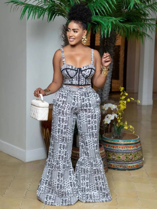 UNIKCOSA™ Printed 2-Piece Pant Set – Strapless Sling Top & High-Waist Flare Pants | Sexy Y2K Streetwear for Party & Work