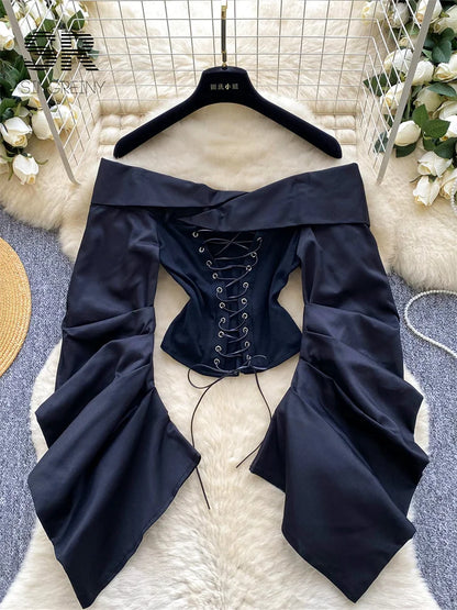 UNIKCOSA’s 2025 Camouflage Lace-Up Blouse — Off-Shoulder Retro Crop Top