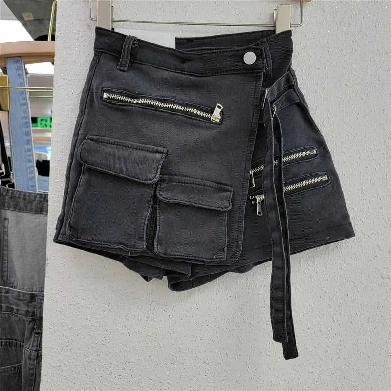 UNIKCOSA’s 2025 Y2K Denim Skort — High-Waist Irregular Washed Cargo Shorts
