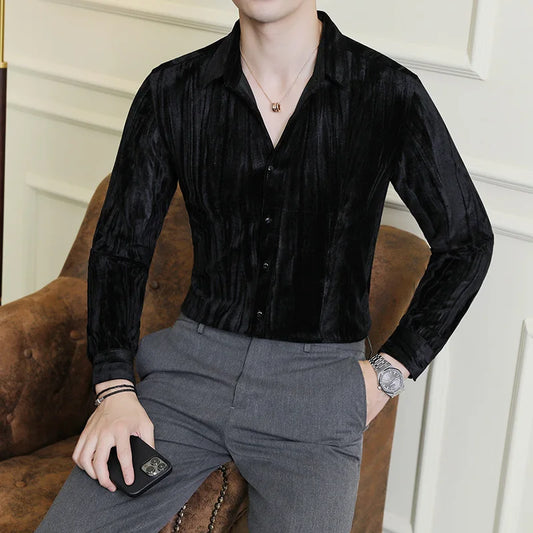 UNIKCOSA Men’s Luxury Velvet Grid Shirt – Slim Fit Long Sleeve Autumn/Winter 2025