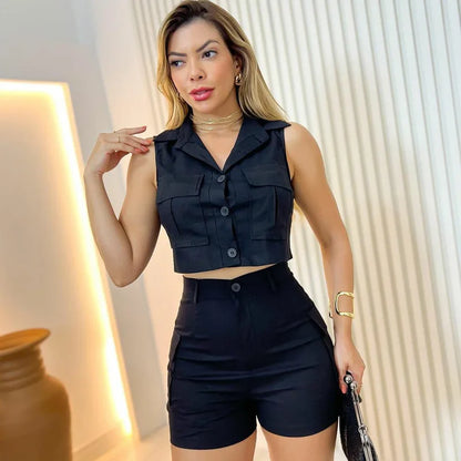 UNIKCOSA’s Solid Color Slim Set — Sleeveless Crop Top + High-Waist Shorts
