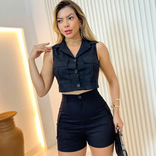 UNIKCOSA’s Solid Color Slim Set — Sleeveless Crop Top + High-Waist Shorts