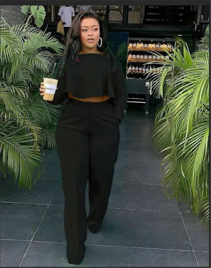 UNIKCOSA’s Elegant Ruffle 2-Piece Set — Crop Top + Wide-Leg Pants Fall Outfit