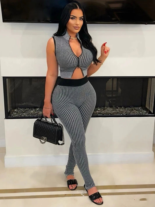 UNIKCOSA’s Sporty Chic 2-Piece Tracksuit — Zip Tank Top + Stripe Leggings Matching Set