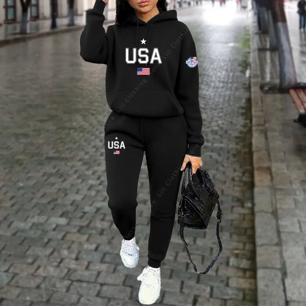 UNIKCOSA’s USA Letter Tracksuit — Hoodie + Jogger Pants 2-Piece Autumn/Winter Set