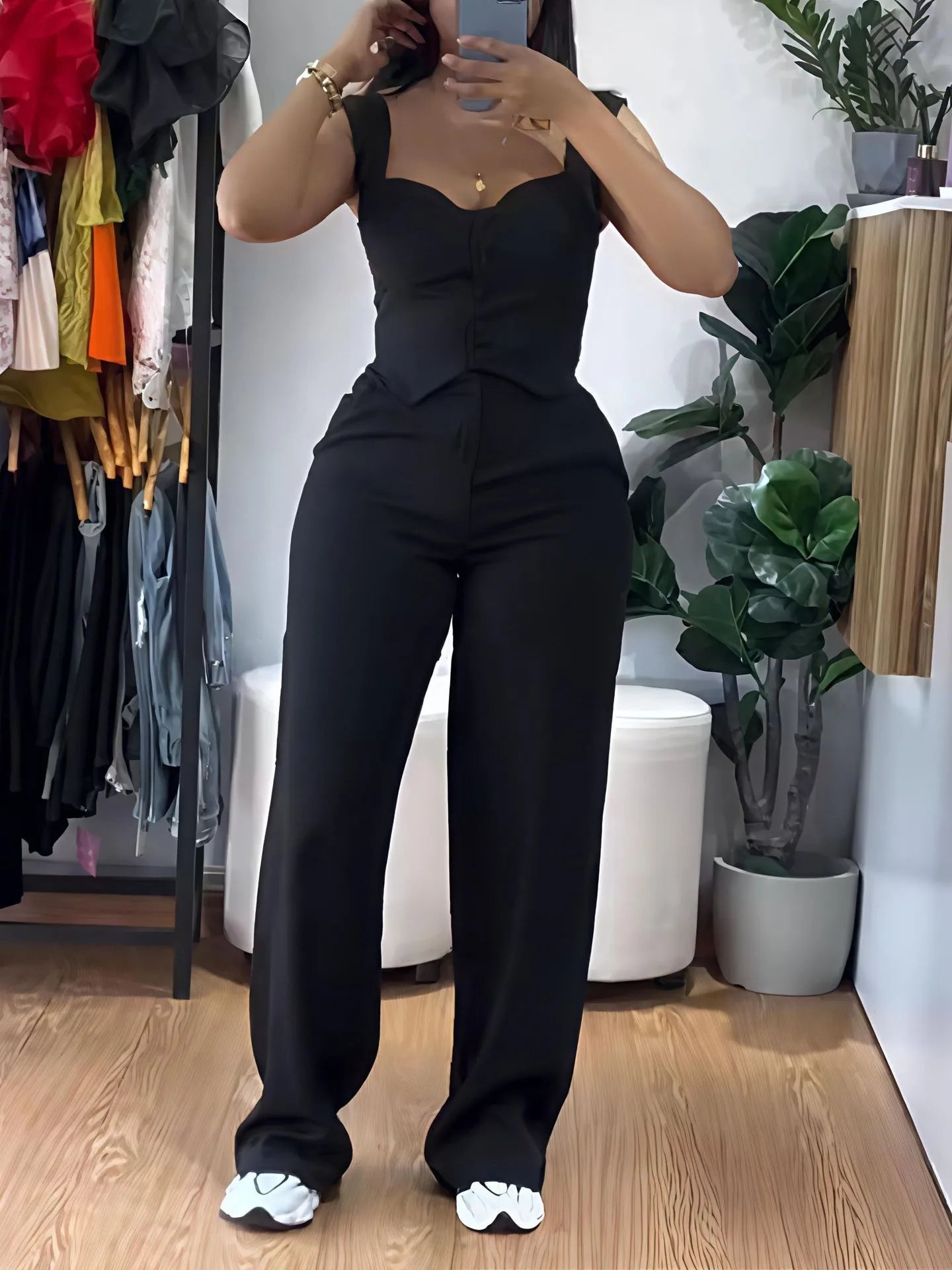 UNIKCOSA™ Elegant Y2K 2-Piece Pant Set – Sexy Sling Crop Top & Wide-Leg High-Waist Pants | Women’s Streetwear Matching Outfit
