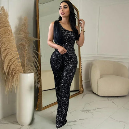 UNIKCOSA’s Glitter One-Shoulder Jumpsuit — Shiny Sequin Straight-Leg Party Romper