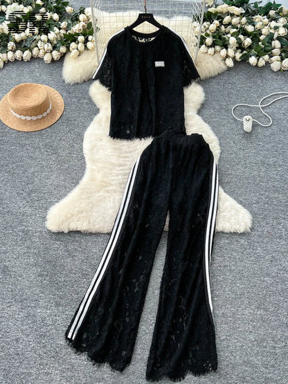 UNIKCOSA’s Summer Crochet Lace Set — Chic Short-Sleeve Top + Wide-Leg Pants 2-Piece