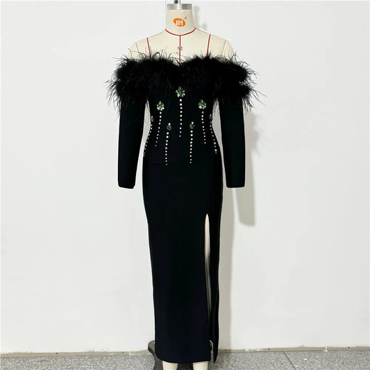 UNIKCOSA’s Feather Crystal Off-Shoulder Gown — Long Sleeve Bodycon Bandage Evening Elegance
