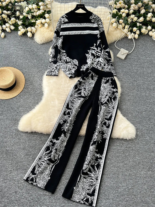 UNIKCOSA’s Jacquard Knit 2-Piece Set — Cozy Sweater + Wide-Leg Pants Autumn/Winter Suit