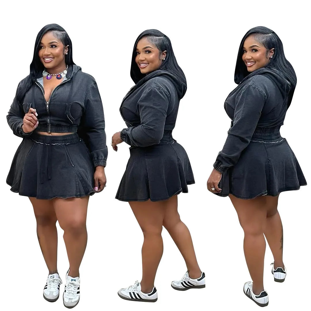 UNIKCOSA™ Denim Skirt 2-Piece Set – Hooded Zipper Top &amp; High-Waist A-Line Skirt | Women’s Y2K Streetwear Matching Outfit