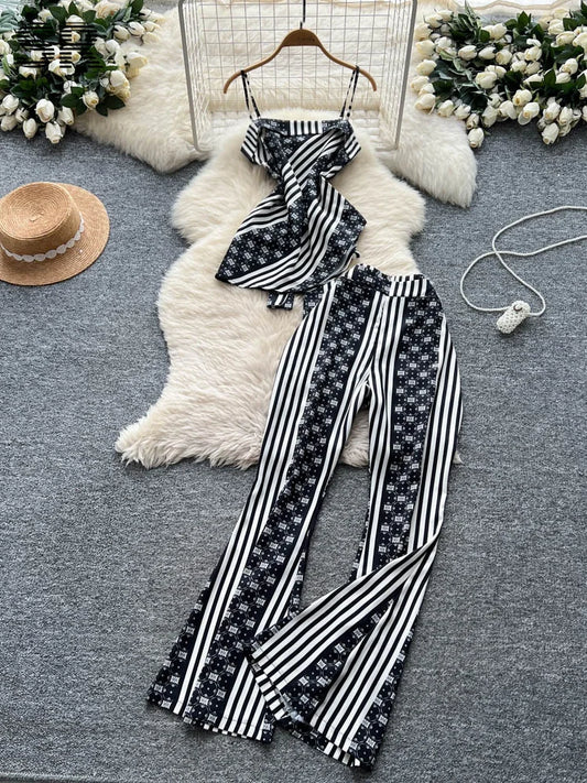 UNIKCOSA’s High Street Stripe 2-Piece Set — Irregular Lace-Up Top + Long Pants