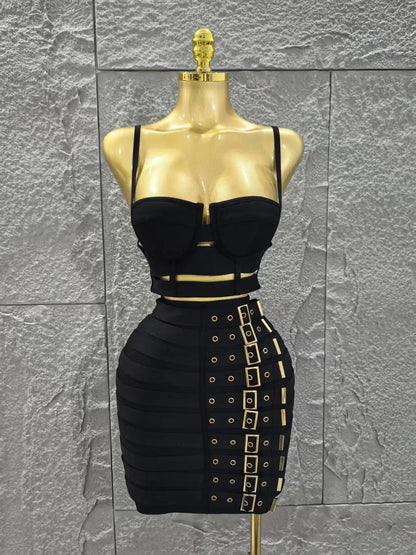 UNIKCOSA’s Black Bandage 2-Piece Set — Sexy Strap Crop Top + Bodycon Mini Skirt Nightclub Outfit