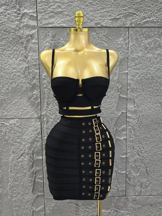 UNIKCOSA’s Black Bandage 2-Piece Set — Sexy Strap Crop Top + Bodycon Mini Skirt Nightclub Outfit