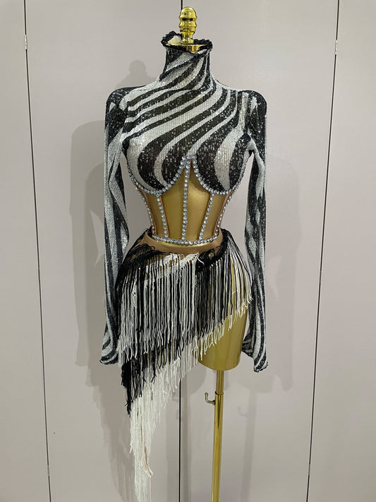 UNIKCOSA’s 2025 Diamond Sequin Tassel Set — Mesh Long-Sleeve Crop Top + Skirt Party Glam