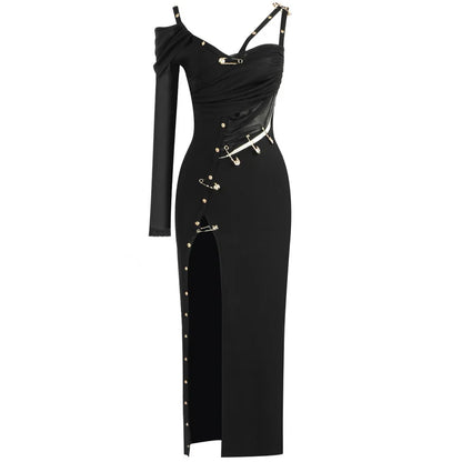 UNIKCOSA’s High-Quality Black Bandage Gown — One-Shoulder Long Sleeve Bodycon Dress