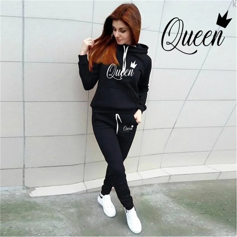 UNIKCOSA’s QUEEN Print Sports Set — Hoodie + Sweatpants 2-Piece Jogging Suit