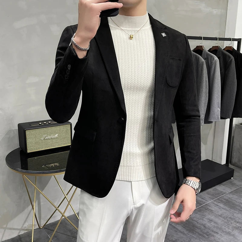UNIKCOSA Men’s Suede Blazer – Slim Fit One-Button Plain Color Suit Jacket (6 Colors)