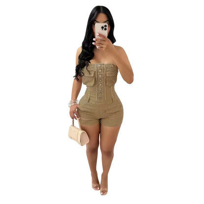 UNIKCOSA™ 2025 Party Strapless Playsuit – Sexy Sleeveless One-Piece Romper with Pockets | Women’s High-Waist Y2K Streetwear Outfit