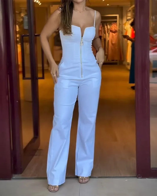 UNIKCOSA™ 2025 Summer Elegant Jumpsuit – Women’s Slim Fit Sleeveless Camisole with Pockets | Solid Y2K Streetwear Body Pants