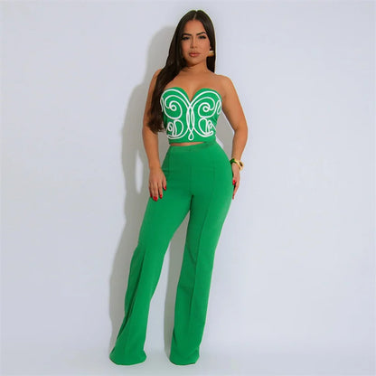UNIKCOSA’s 2025 Strapless 2-Piece Party Set — 3D Print Crop Top + High-Waist Straight Pants