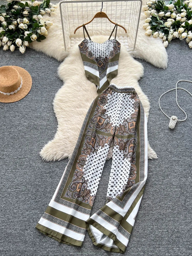 UNIKCOSA’s Vintage Ethnic Print 2-Piece Set — Strapless Backless Top + Wide-Leg Pants