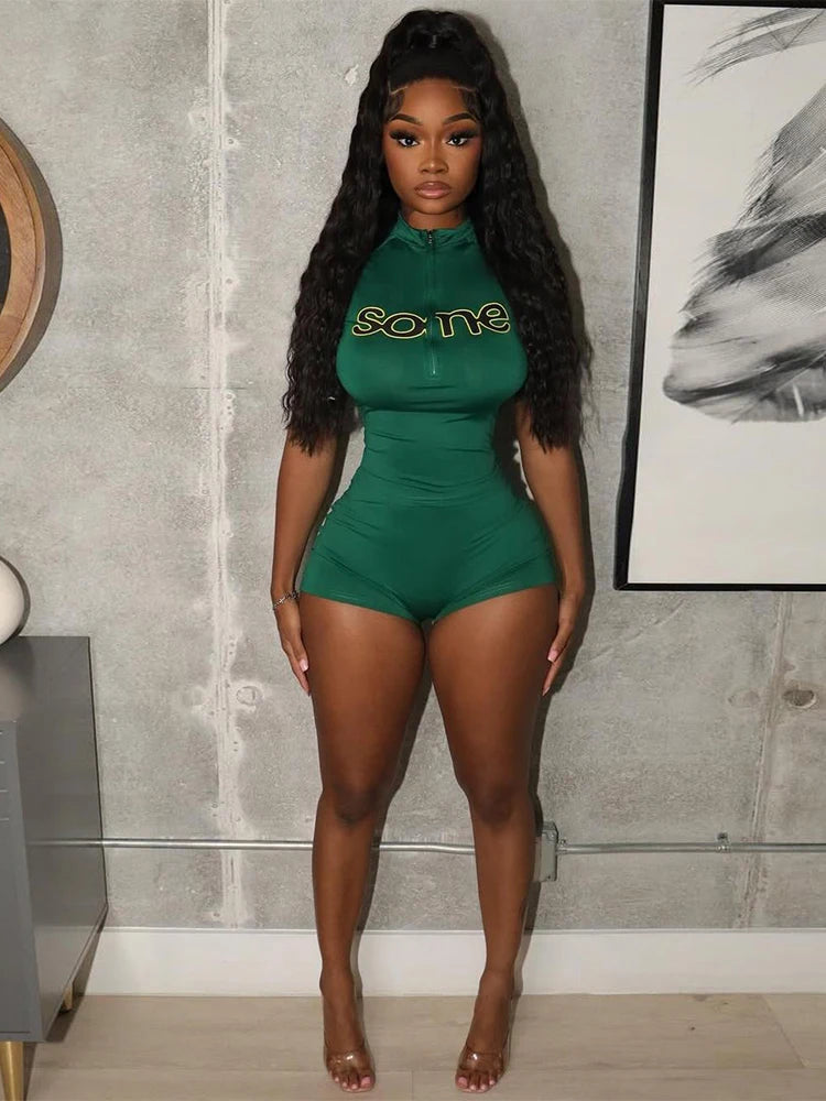 UNIKCOSA’s Sporty Street-Chic 2-Piece Set — Letter Print Zip Crop Top + Stretch Shorts