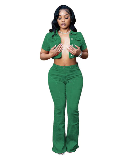 UNIKCOSA™ 2025 Denim 2-Piece Set – Short Sleeve Shirt & High-Waist Flare Pants | Women’s Y2K Streetwear Matching Outfit for Party & Club