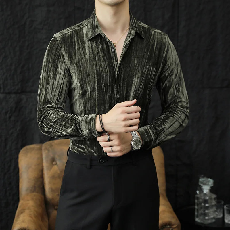 UNIKCOSA Men’s Luxury Velvet Grid Shirt – Slim Fit Long Sleeve Autumn/Winter 2025