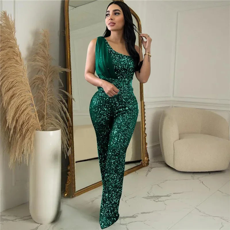 UNIKCOSA’s Glitter One-Shoulder Jumpsuit — Shiny Sequin Straight-Leg Party Romper