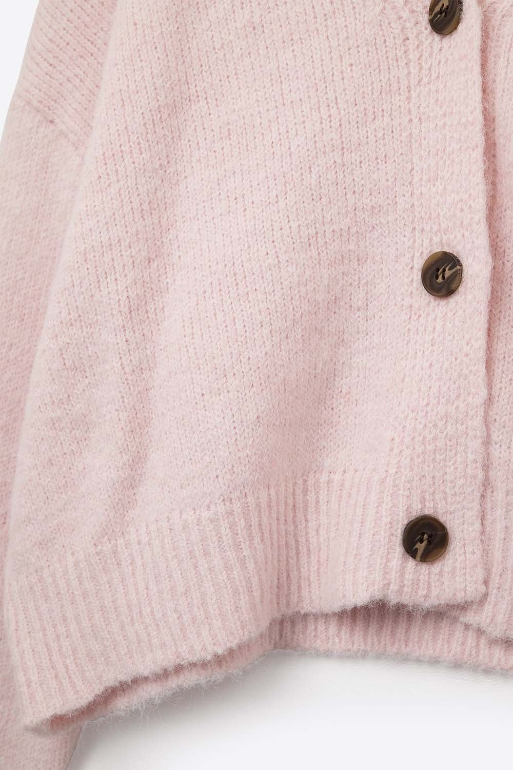 V-neck Basic baby pink Buttoned Cardigan in fluffy knitted