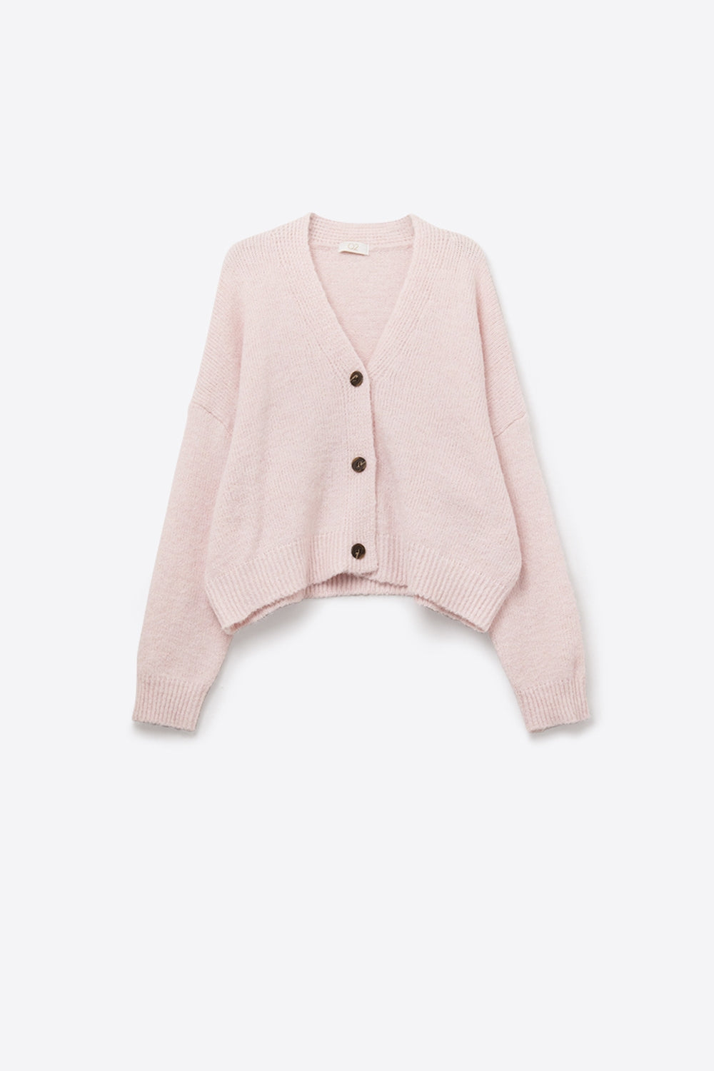 V-neck Basic baby pink Buttoned Cardigan in fluffy knitted