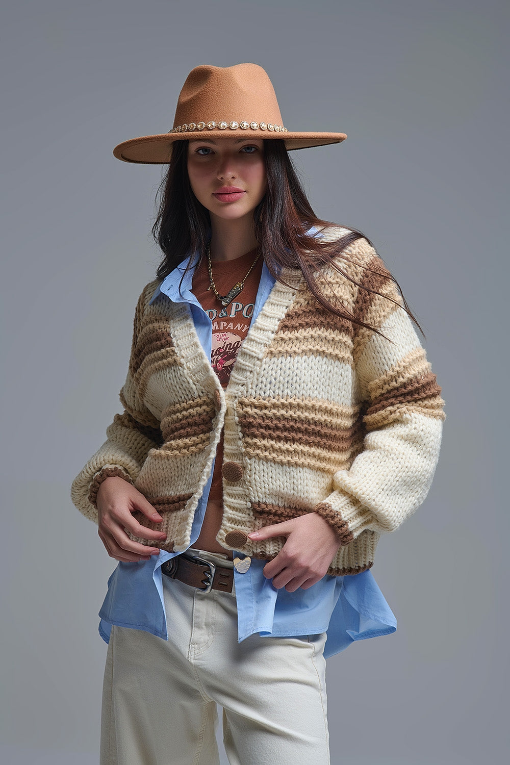Q2 V-neck Chunky Knit Cardigan in striped of Brown and camel
