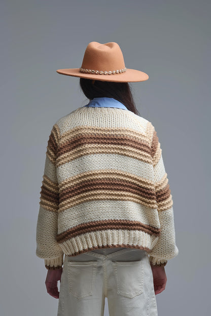V-neck Chunky Knit Cardigan in striped of Brown and camel