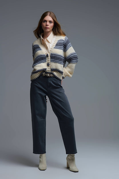 V-neck Chunky Knit Cardigan in striped of Grey and Cream