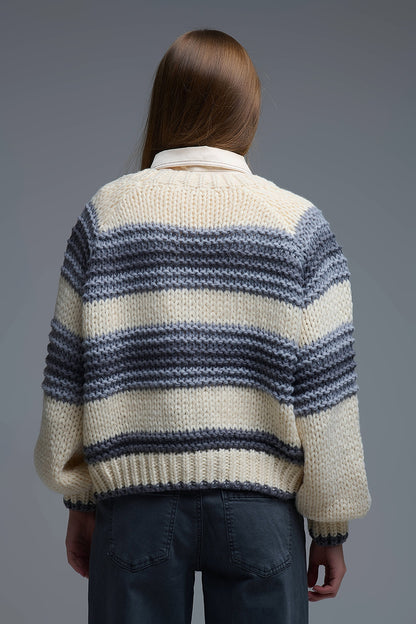 V-neck Chunky Knit Cardigan in striped of Grey and Cream