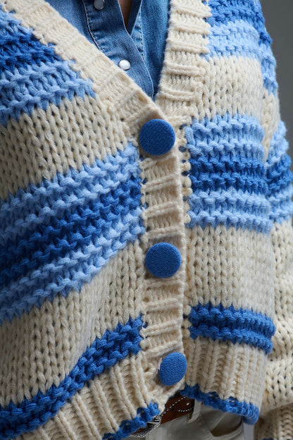 V-neck Chunky Knit Cardigan in stripes of Blue and cream