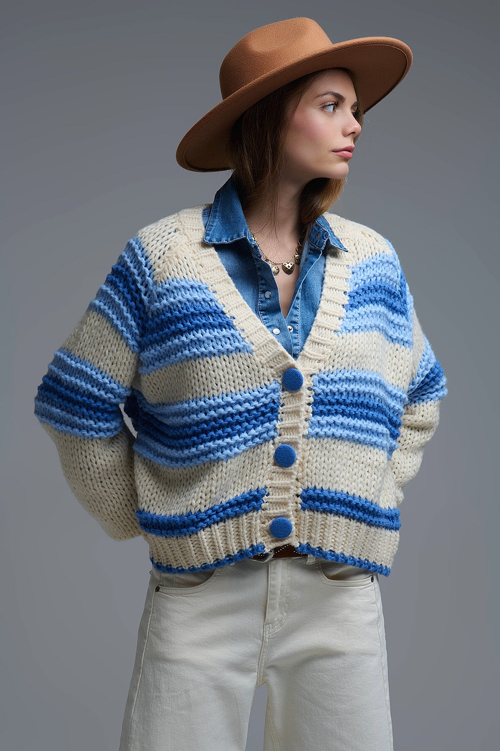 V-neck Chunky Knit Cardigan in stripes of Blue and cream