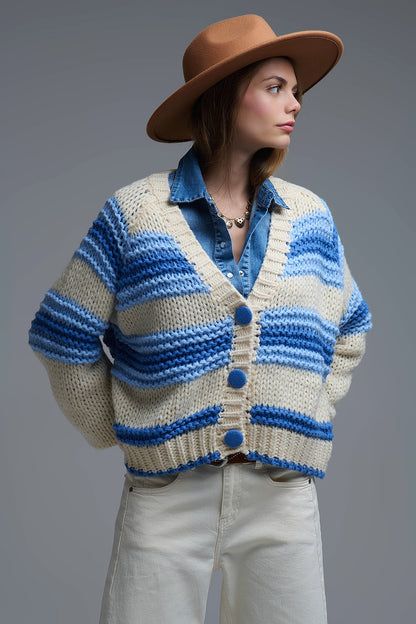 V-neck Chunky Knit Cardigan in stripes of Blue and cream