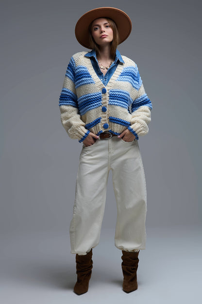 V-neck Chunky Knit Cardigan in stripes of Blue and cream