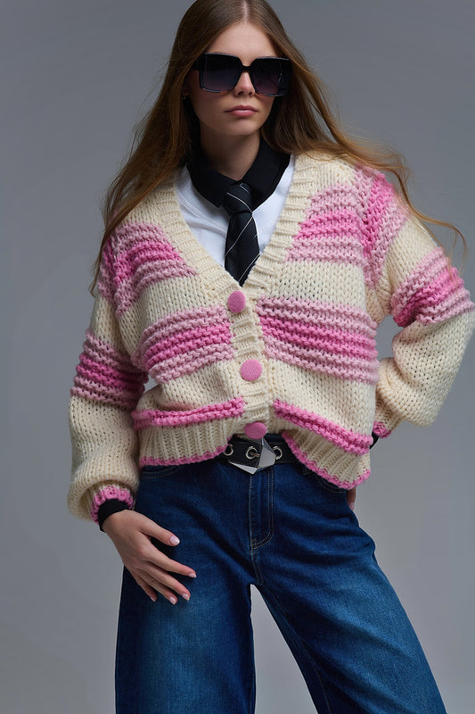 Q2 V-neck Chunky Knit Cardigan in stripes of Pink and cream