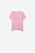 Q2 V-Neck fine Knit sweater with Ribbed Hem in pink color