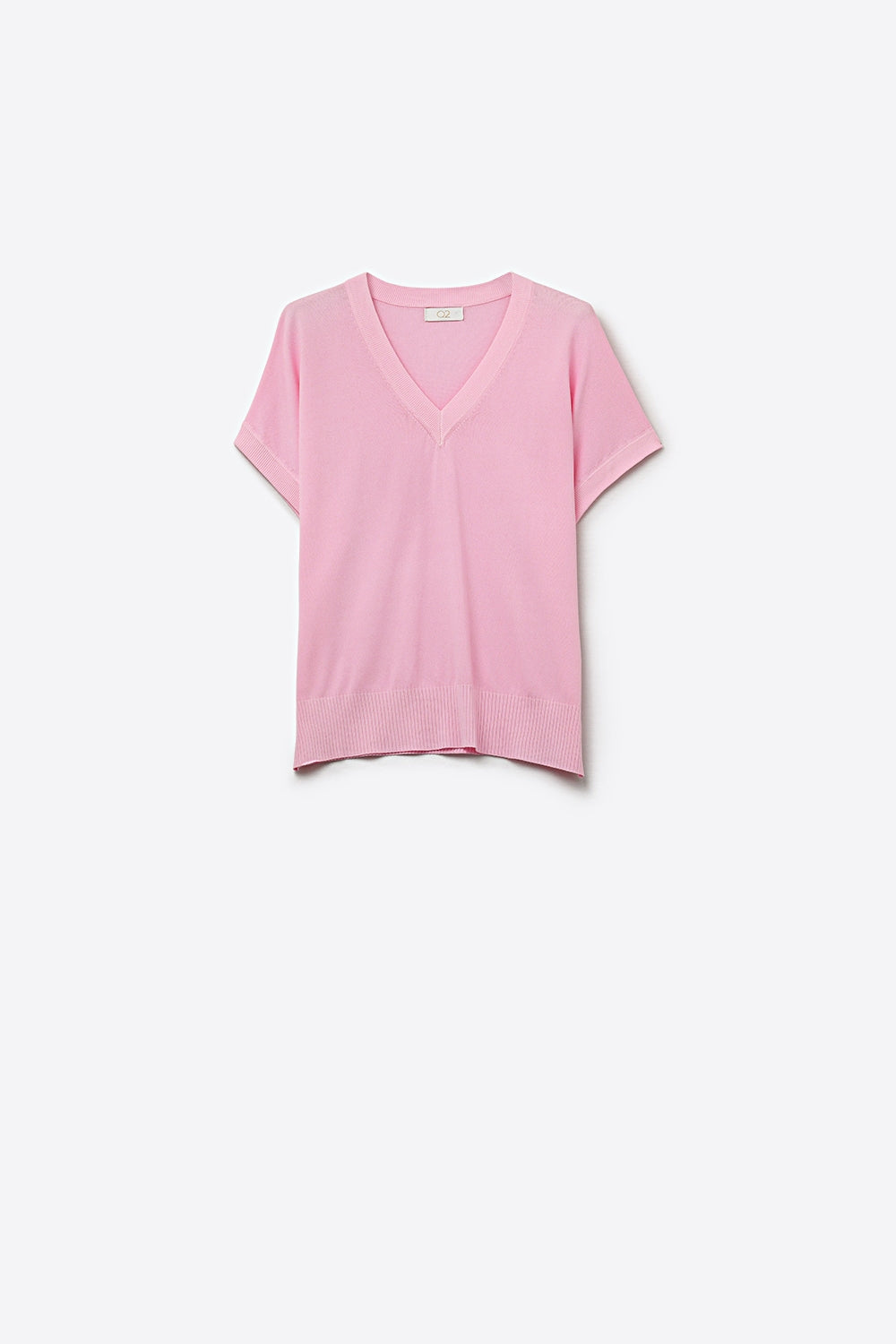 Q2 V-Neck fine Knit sweater with Ribbed Hem in pink color