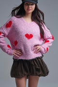 Q2 V-neck Long Sleeve Pink Sweater With Red Hearts