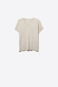 Q2 V-Neck Relaxed fine Fit Knit sweater in beige color