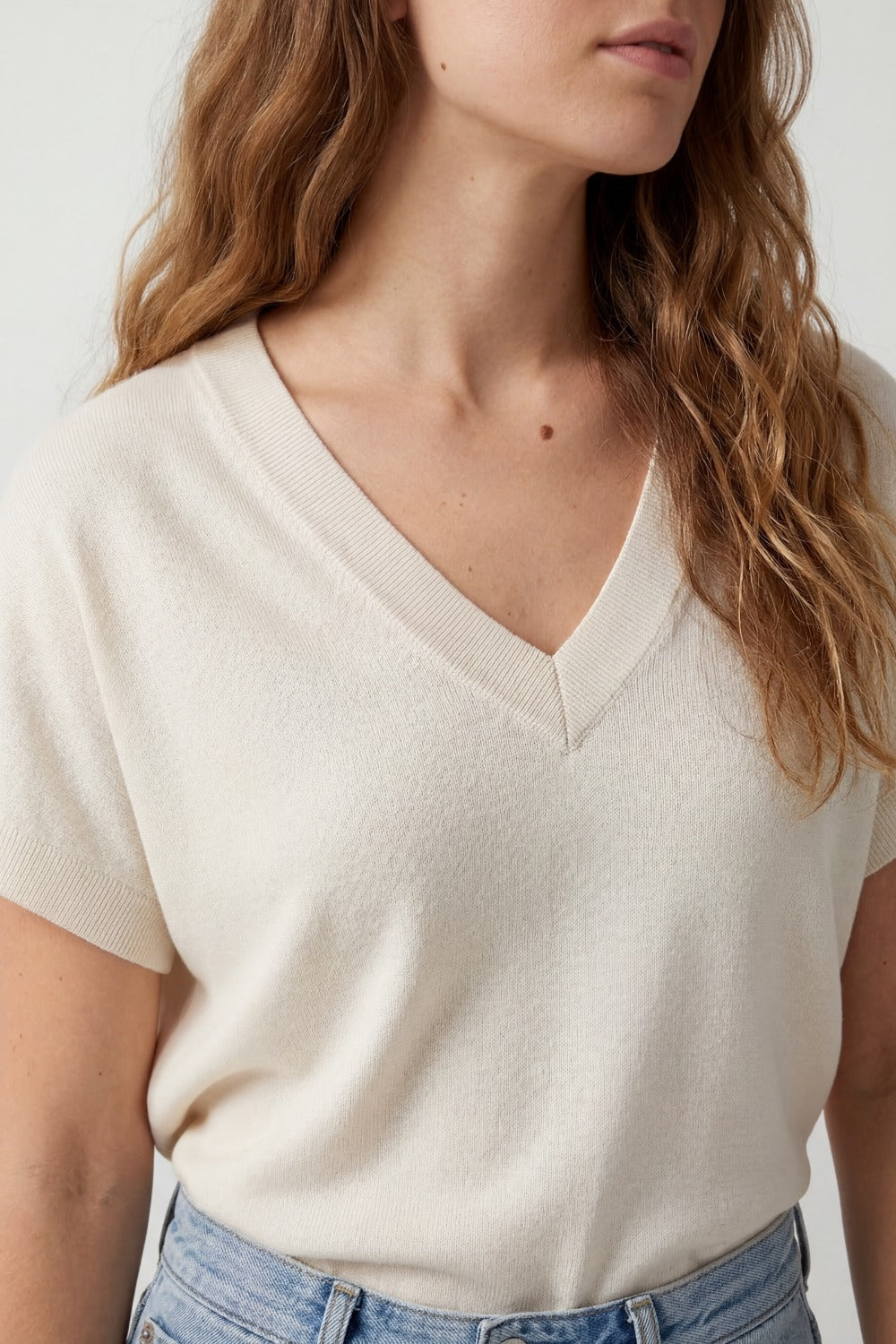 V-Neck Relaxed fine Fit Knit sweater in beige color