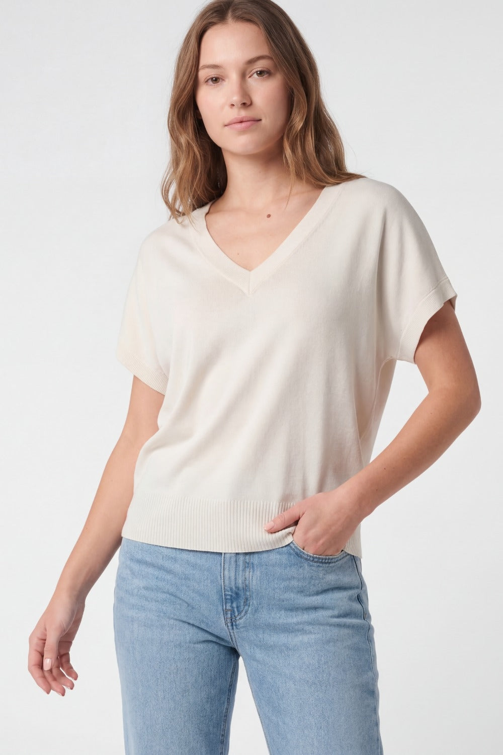 V-Neck Relaxed fine Fit Knit sweater in beige color