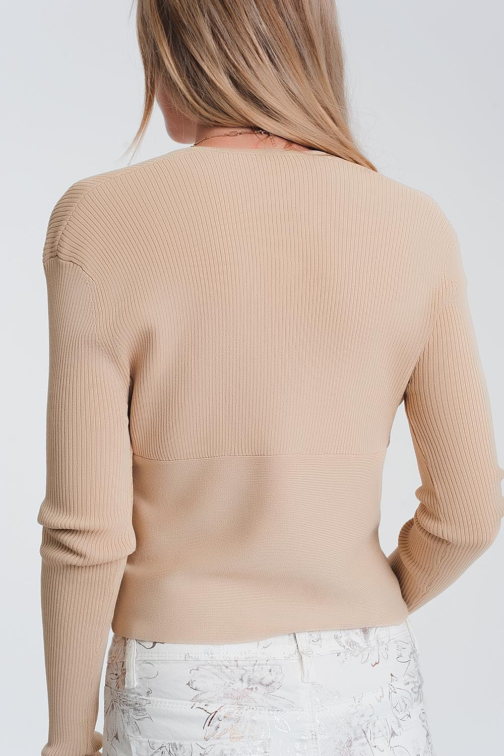 V-Neck Ribbed Sweater in Beige